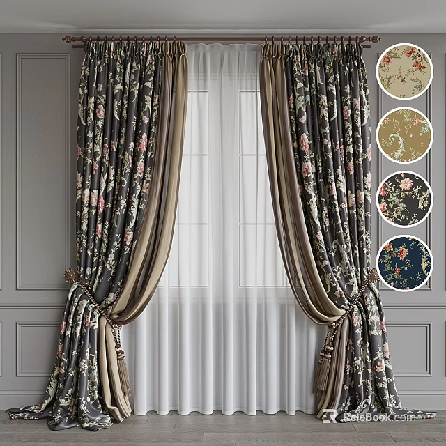 Dark Floral Patterned Curtains With White Sheer Panels Tied Back Ornate Trim And Design Samples 3d model 