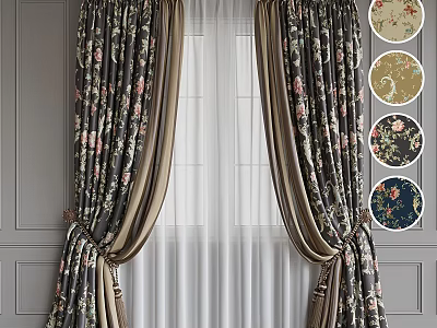 Dark Floral Patterned Curtains With White Sheer Panels Tied Back Ornate Trim And Design Samples 3d model