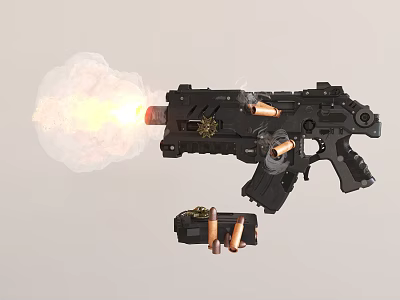 Futuristic Tactical Gun Firing With Bright Flame Smoke And Bullets In Action 3d model