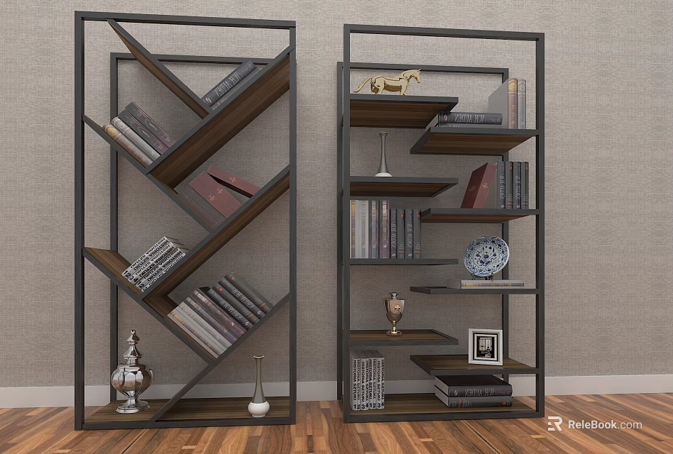 Modern Geometric Bookcase Design With Wooden Shelves Metal Frame Books And Decorations 3d model 