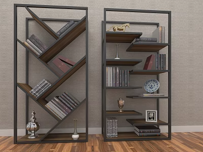 Modern Geometric Bookcase Design With Wooden Shelves Metal Frame Books And Decorations 3d model