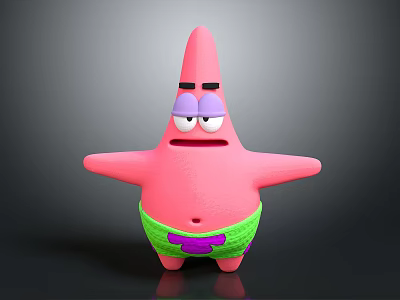 Pink Starfish Shaped Plush Toy With Green Shorts Purple Pattern Sleepy Expression Design 3d model