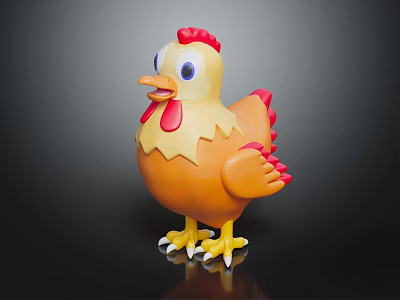 Shiny Yellow Cartoon Chicken Toy With Red Comb Red Wings Big Eyes And Yellow Feet 3d model