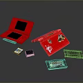 Red Open Portable Laptop with Black Screen Game Cartridges and Stickers