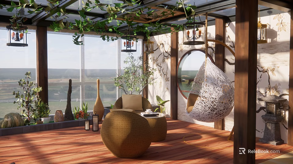 Home Balcony Interior With Large Windows Wooden Floor Rattan Furniture Green Plants And Hanging Chair 3d model 
