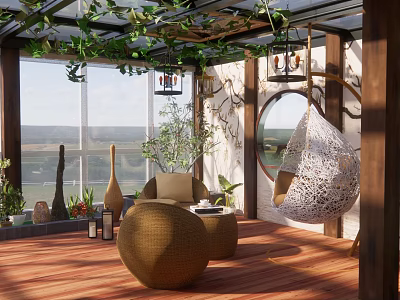 Home Balcony Interior With Large Windows Wooden Floor Rattan Furniture Green Plants And Hanging Chair 3d model