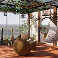 Home Balcony Interior With Large Windows Wooden Floor Rattan Furniture Green Plants And Hanging Chair