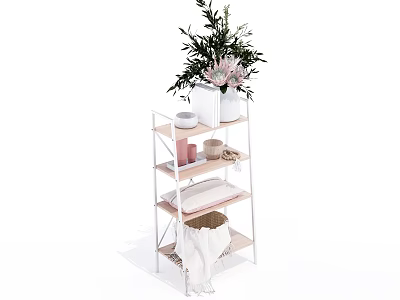 Multilayer Shelf Unit With Green Plant White Bowl Woven Basket And Folded Towel 3d model