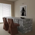 Marble Top Dining Table Set with Geometric Wooden Chairs in Bright Room with Painting