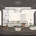 Modern Living Room Interior With Beige Sofa Round Coffee Table Wavy Rug And Unique Chairs