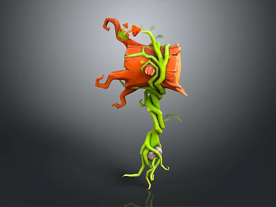 Artistic Wooden And Stone Sculpture With Twisted Green Vines And Orange Accents 3d model