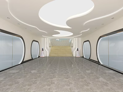 Modern Elevator Corridor With Curved Ceiling Marble Floor And Elevator Doors 3d model