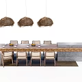 Rustic Dining Table Set With Wooden Tabletop Chairs And Straw Pendant Lights 3d model