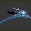 Playful Stitch Character Surfing On Blue Waves With Pink Surfboard And Splashes