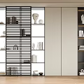 Modern Bookcase With Slatted Design Open Storage Books And Decorative Sculptures