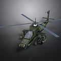Green Military Helicopter Model With Rotors Cockpit And Weapon Systems On Dark Background
