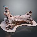 Rustic Wooden Tree Stump Decorative Art With Stone Base And Natural Grain Texture