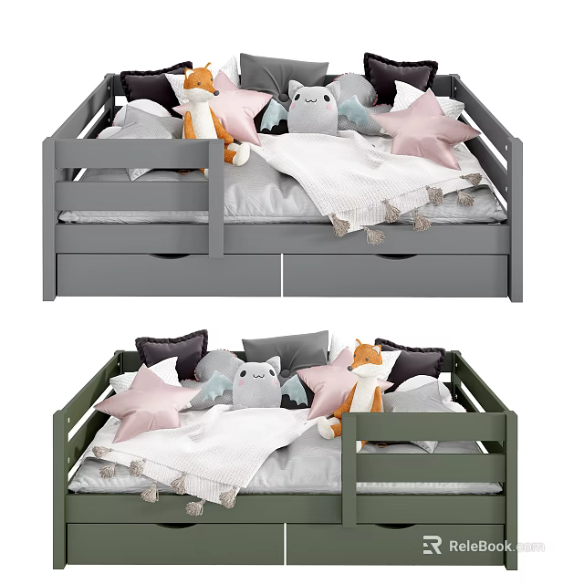 Gray and Green Kids Bed with Guardrail Stuffed Toys Star Shaped Pillows and White Quilt 3d model 