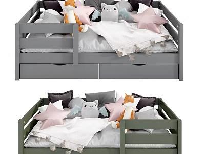 Gray and Green Kids Bed with Guardrail Stuffed Toys Star Shaped Pillows and White Quilt 3d model