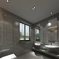 Modern Hotel Bathroom With Double Sinks Marble Countertops And Geometric Patterned Walls