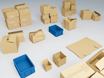 Cardboard Boxes and Blue Plastic Bins in Various Sizes Shapes Open Folded on White Background 3d model