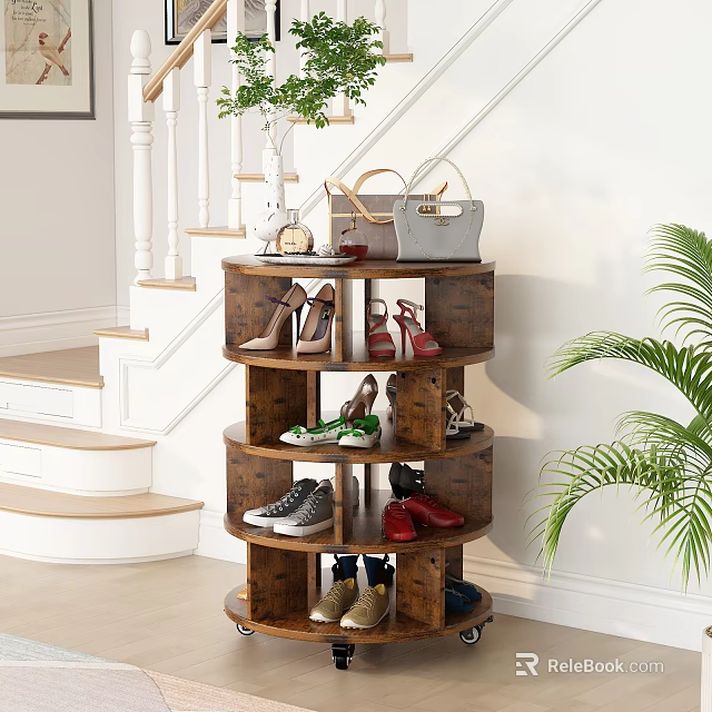 Multi Tiered Rotating Wooden Shoe Cabinet With Various Shoes And Green Plant 3d model 