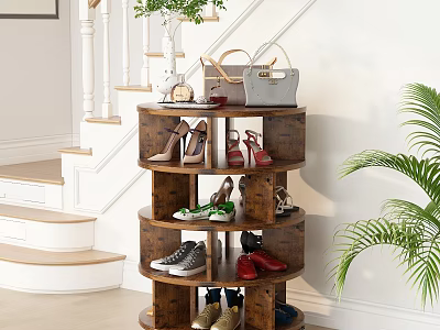 Multi Tiered Rotating Wooden Shoe Cabinet With Various Shoes And Green Plant 3d model