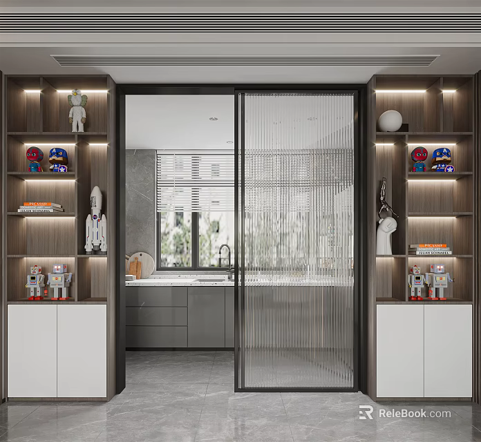 Modern Wine Cabinet Design With LED Lighting And Decorative Items In Interior 3d model 