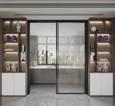 Modern Wine Cabinet Design With LED Lighting And Decorative Items In Interior 3d model