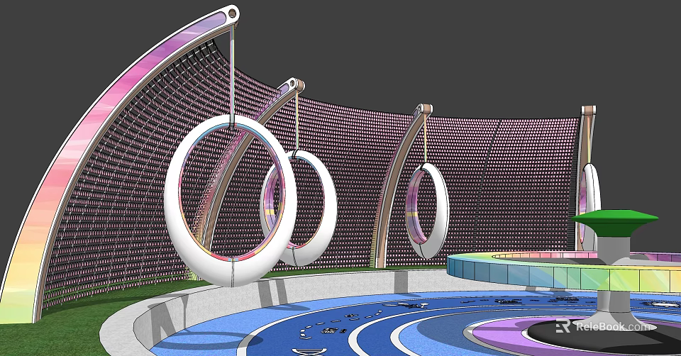 Modern Outdoor Sports Equipment Featuring Circular Rings Mesh Wall And Colorful Track Pool Area 3d model 