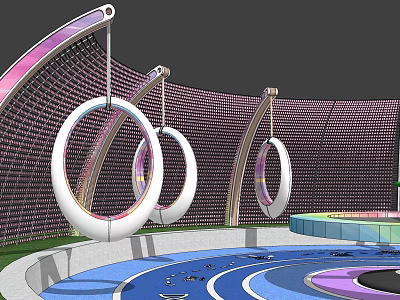 Modern Outdoor Sports Equipment Featuring Circular Rings Mesh Wall And Colorful Track Pool Area 3d model