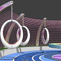 Modern Outdoor Sports Equipment Featuring Circular Rings Mesh Wall And Colorful Track Pool Area