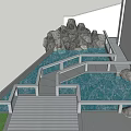 Garden Landscape With Wooden Steps White Railings Black Gravel And Rockery Stones