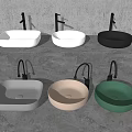 Modern Washbasins In Different Colors And Shapes With Black Faucets On Grey Countertop