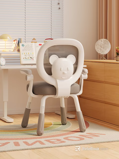 Kids White Desk and Chair Set With Bear Design Gray Cushion in Bedroom 3d model 