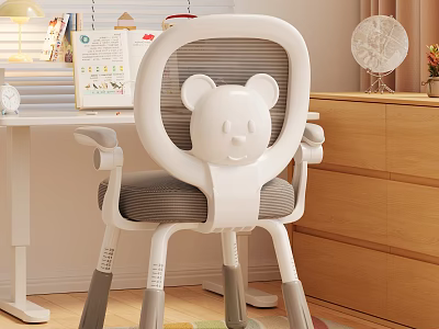 Kids White Desk and Chair Set With Bear Design Gray Cushion in Bedroom 3d model