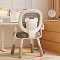 Kids White Desk and Chair Set With Bear Design Gray Cushion in Bedroom