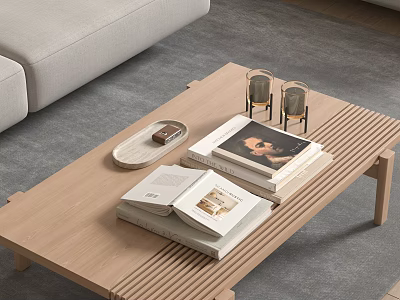 Decorative Ornament Set on Wooden Coffee Table with Stacked Books Tray and Glass Cups 3d model