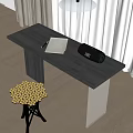 Black Desk With Notebook Pen And Thermal Mug Near Stool With Yellow Balls