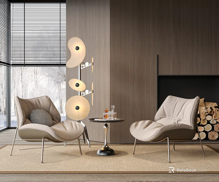 Light Colored Leisure Chairs Metal Frame Small Round Table Floor Lamp Wooden Wall Fireplace 3d model 