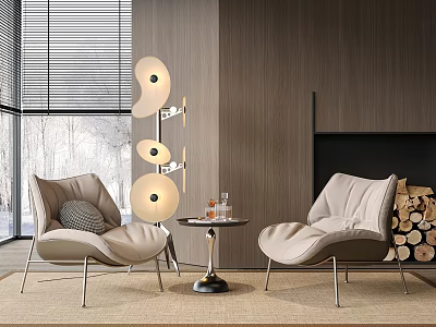 Light Colored Leisure Chairs Metal Frame Small Round Table Floor Lamp Wooden Wall Fireplace 3d model