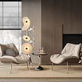 Light Colored Leisure Chairs Metal Frame Small Round Table Floor Lamp Wooden Wall Fireplace
