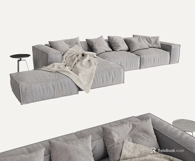 Gray Modern Sectional Sofa With Soft Pillows Throw Blanket And Small Side Table 3d model
