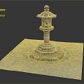 Japanese Stone Lantern Structure With Carved Pedestal And Surrounding Stones On Gray Ground