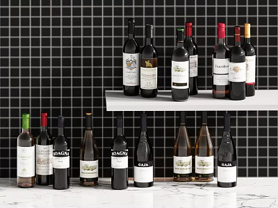 Wine Bottles Arranged On Shelves And Marble Countertop Against Tile Wall 3d model