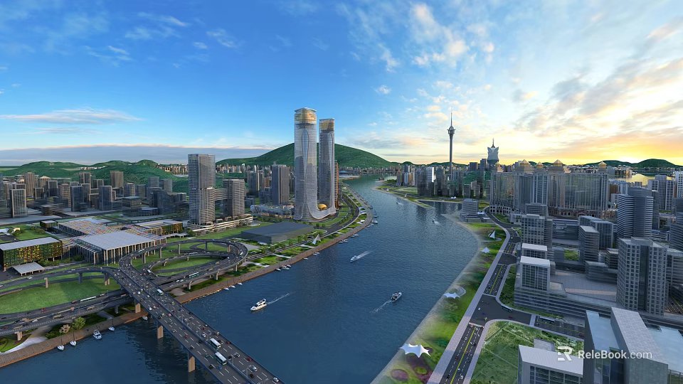 Modern Urban Architecture Complex With River Bridge Boats Distant Mountains Blue Sky And Sunlight 3d model 