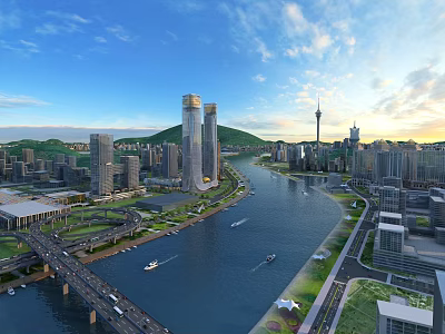 Modern Urban Architecture Complex With River Bridge Boats Distant Mountains Blue Sky And Sunlight 3d model