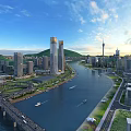 Modern Urban Architecture Complex With River Bridge Boats Distant Mountains Blue Sky And Sunlight