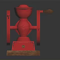 Red Manual Kitchen Grinder Appliance with Wooden Base and Decorative Wheel Design