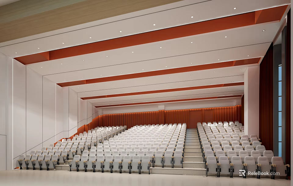 Large Conference Room With Neatly Arranged White Seats Steps And Red Decorative Strips 3d model 